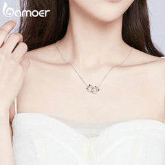 Bamoer New Arrival 925 Sterling Silver Double Circles Pet Cat Pendant Necklace Cute Animal Chain for Women Jewelry Gift SCN252