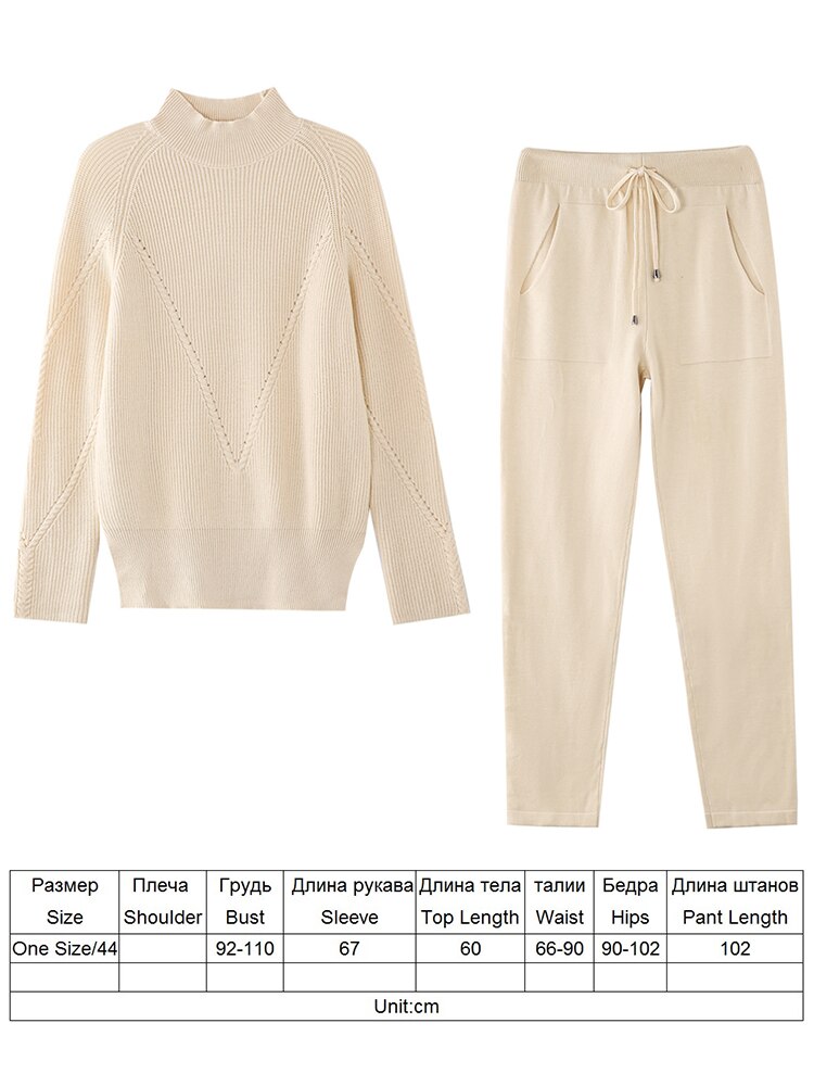 TYHRU Autumn Winter Women Sweater Tracksuit Leisure Hemp Flower Half-High Collar Pullover+Knitted Trousers Suits 2-piece Set