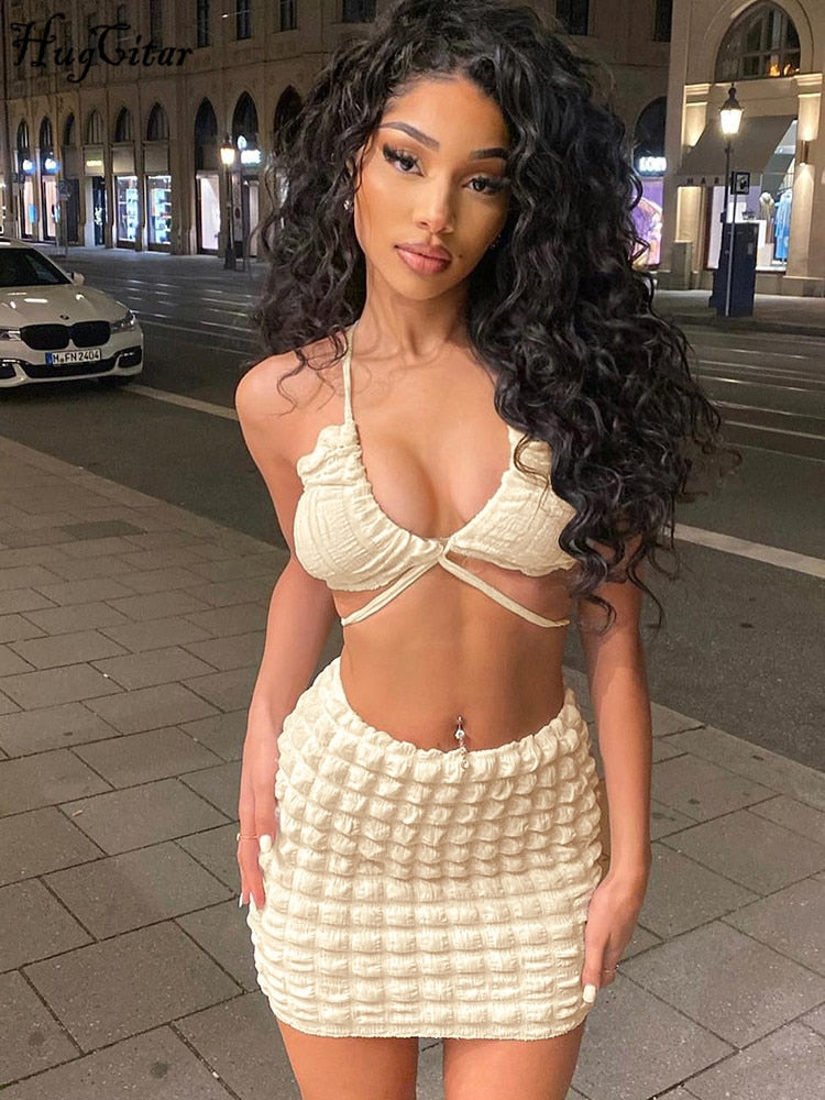 Hugcitar Solid Halter Draped Bandage Crop Top Skirts 2 Pieces Set 2022 Summer Women Fashion Elegant Slim Outfits Holiday Party