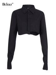 Bclout Casual Crop Top Women Blouses Fashion Turn Down Collar White Shirt Flare Sleeve Blouse Female Autumn Sexy Ladies Tops