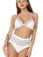 2022 Sexy Halter Retro Mesh Hollow Out String Biquini Bath Suit Swimsuit High Waist Pompones Pom Swimwear Women Triangle Bikini