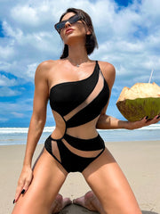 Sexy One-Shoulder Mesh Patchwork One-Piece Swimwear