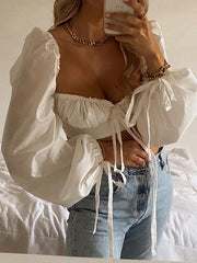 Cryptographic White Balloon Sleeve Elegant Women Top and Blouse Shirts Autumn 2022 Sexy Backless Crop Tops Solid Fashion Blusas