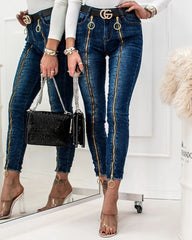 Women High Waist Slim Fashion Sexy O-Ring Zipper Decor Skinny Jeans Casual Pencil Pants Jeans Denim Leggings