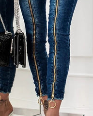 Women High Waist Slim Fashion Sexy O-Ring Zipper Decor Skinny Jeans Casual Pencil Pants Jeans Denim Leggings