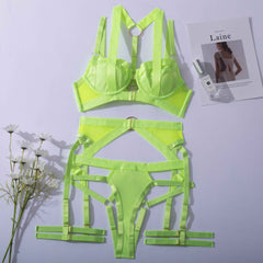 MeiKeDai Sexy Lingerie Fancy Underwear Erotic Garter Belt 4-Piece Intimate Goods Halter Bra with Bow Seductive Exotic Brief Sets