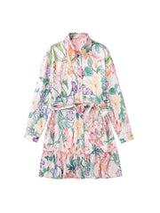 Woman Sweet Pink Floral Shirt Short Dress 2022 Spring Chic Female High Waisted Lacing Dresses Ladies Sashes Print Mini Dress