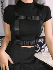 Sweetown Black Gothic Sexy Women Basic Tshirt Short Sleeve Techwear O-Neck Tee Shirt Femme Summer Crop Tops With Buckle Ribbon