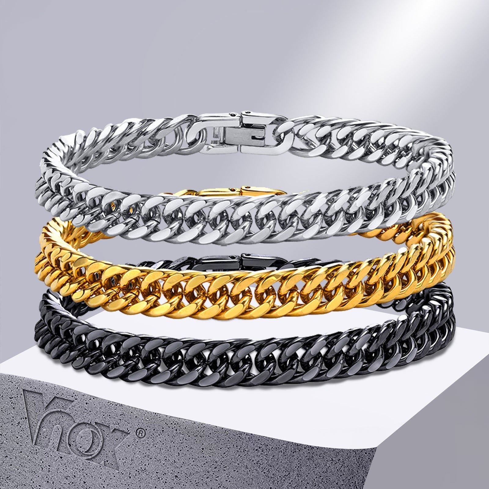 Vnox Men's Stainless Steel 8MM Link Chain Miami Cuban Bracelets for Male Boys Gifts Jewelry, Length 19cm/21.5cm Main image