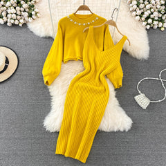 Elegant Slim Two Piece Sets Sweater Dress High Waist Knitted Ensemble Long Dress