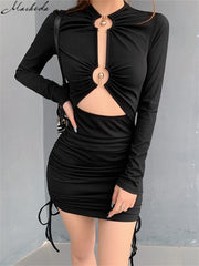Macheda Spring Black Sexy Hollow Out Bodycon Dress Women O Nck Fashion Side Lace Up Clothing Lady Slim Mini Dresses 2021 New
