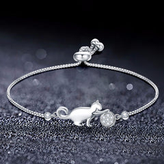 SIPENGJEL Fashion Pave Zircon Cat With Ball Chain Bracelets For Women On Hand Silver Color Adjustable Bracelets Party Jewelry
