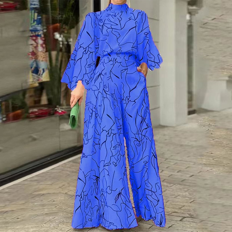 Jumpsuit Elegant Casual Long Sleeve Art Print Tie Nipped Waist Loose Wide Legs Pants Set