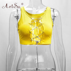 ArtSu Red Black White Metal Chain Sleeveless Crop Top Sexy Clubwear Women Adjustable Lace Up Hollow Out Tank Tops Tees Camisole
