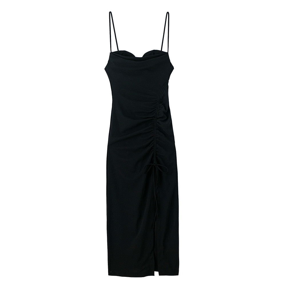 Dresses For Women Party Cowl Neck Sleeveless Spaghetti Strap Summer Midi Dress Ruched Drawstring Front Slit Sexy Bodycon Dress
