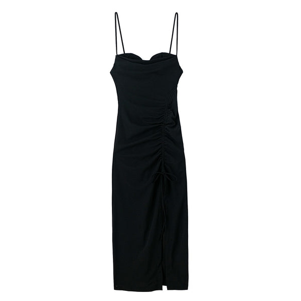 Dresses For Women Party Cowl Neck Sleeveless Spaghetti Strap Summer Midi Dress Ruched Drawstring Front Slit Sexy Bodycon Dress
