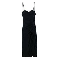 Dresses For Women Party Cowl Neck Sleeveless Spaghetti Strap Summer Midi Dress Ruched Drawstring Front Slit Sexy Bodycon Dress