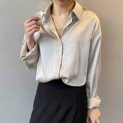Silk Office Ladies Elegant Shirt Blouse Button Up Satin Shirt Vintage Long Sleeve Shirt
