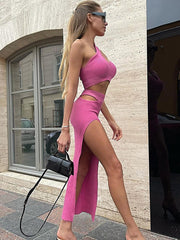 Women Two Piece Set Knitted Pink Outfits One Shoulder Cut Out Bustier Crop Top+High Waist Irregular Split Midi Skirt 2022 Spring