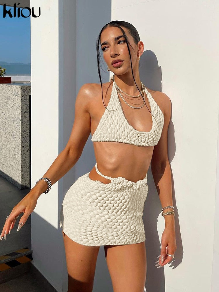 Kliou Stunning Stacked Two Piece Set Women Sexy Halter Lace Up Slim Crop Tops+Elegant Charming Solid Body-shaping Female Skirt