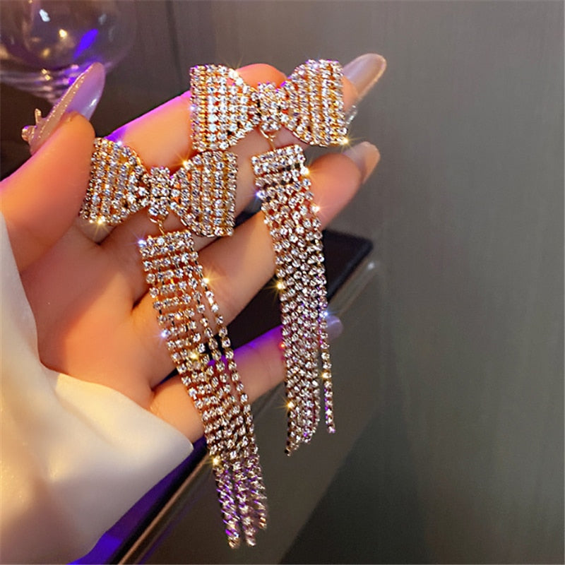 Evangeline Bow Tassel Crystal Earrings