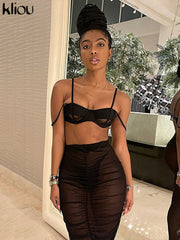 Kliou Mesh Two Piece Set Women Summer Sexy Wrapped Camisole+Bodycon See Through Pleated Skirt Maching Dress Suit Girl Clubwear