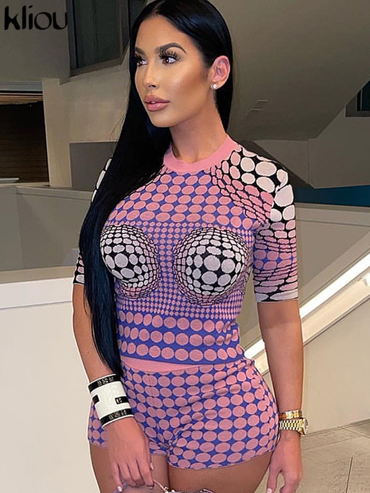 Kliou Aesthetic Polka Dots Print Two Piece Set Women Casual O-neck Half Sleeve Slim Fit Tops+Fashion Streetwear Hipster Shorts