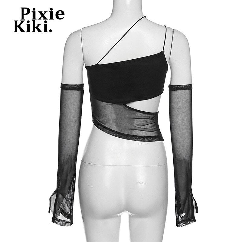 PixieKiki Asymmetrical Cut Out Mesh Crop Top with Sleeves Fairy Grunge Y2k Clothes Transparent Camisole Tank Tops P94-BZ12