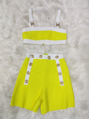 2022 Women Summer Sexy Button Yellow Two Piece Bodycon Shorts Bandage Set 2022 Celebrity Designer Evening Party Women&#39;s Set