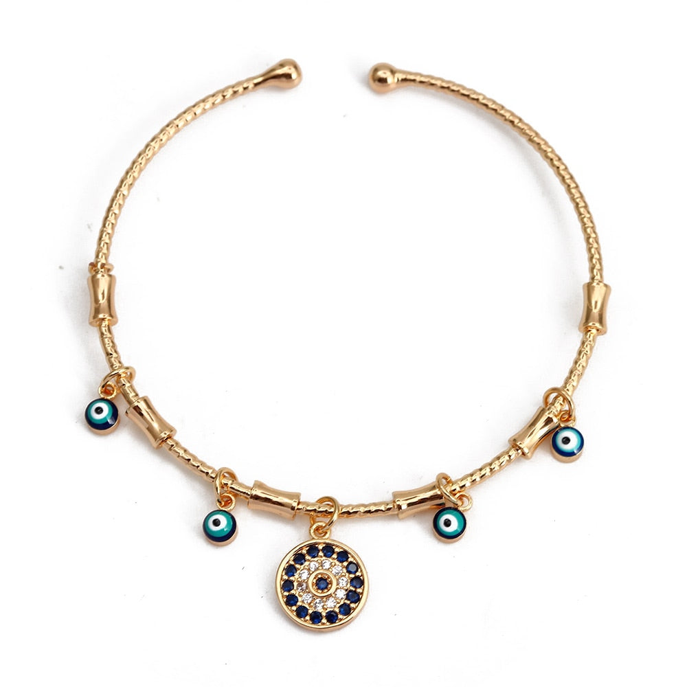 Lucky Eye Turkish Blue Evil Eye Bangle Copper Adjustable Fatima Hand Charm Cuff Bracelet