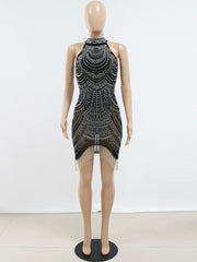 Sexy Glitter Rhinestone Crystal Tassel Hem Mini Dress