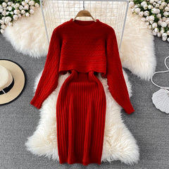 Elegant Slim Two Piece Sets Sweater Dress High Waist Knitted Ensemble Long Dress