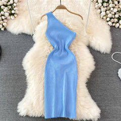 Sexy One Shoulder Crochet Bodycon Dress Chic Knitted Elegant Midi Dress