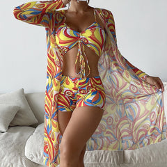 Tropical High Waist Bikini Three Pieces - Long Sleeve Cover Up Swimsuit Bathing Suit