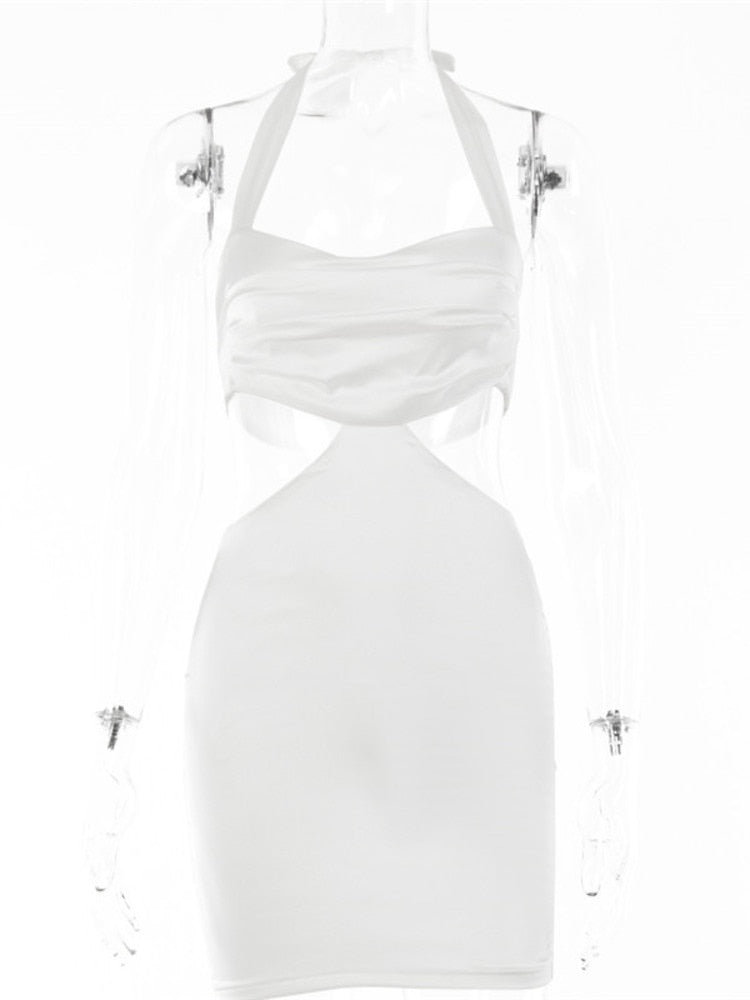 Articat Halter Double Layer Women Dresses Summer New Backless Satin Sheath Party Elegant Dress For Women Zipper Clothing 2021