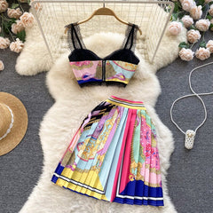 2022 Summer New Short Strapless Suspender Vest High Waist Pleated Skirt Two Piece Set