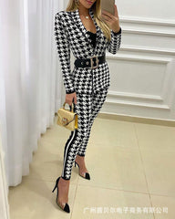Women&#39;s Checked Slim Lapel Suit Set 2021 Spring Autumn Casual Elegant Office Lady Long Sleeve Jacket &amp; High Waist Trousers Sets