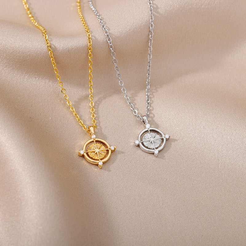 Goth Zircon Round Compass Necklace For Women Stainless Steel Gold Color North Star Pendants Necklaces Sailing Jewelry Gift