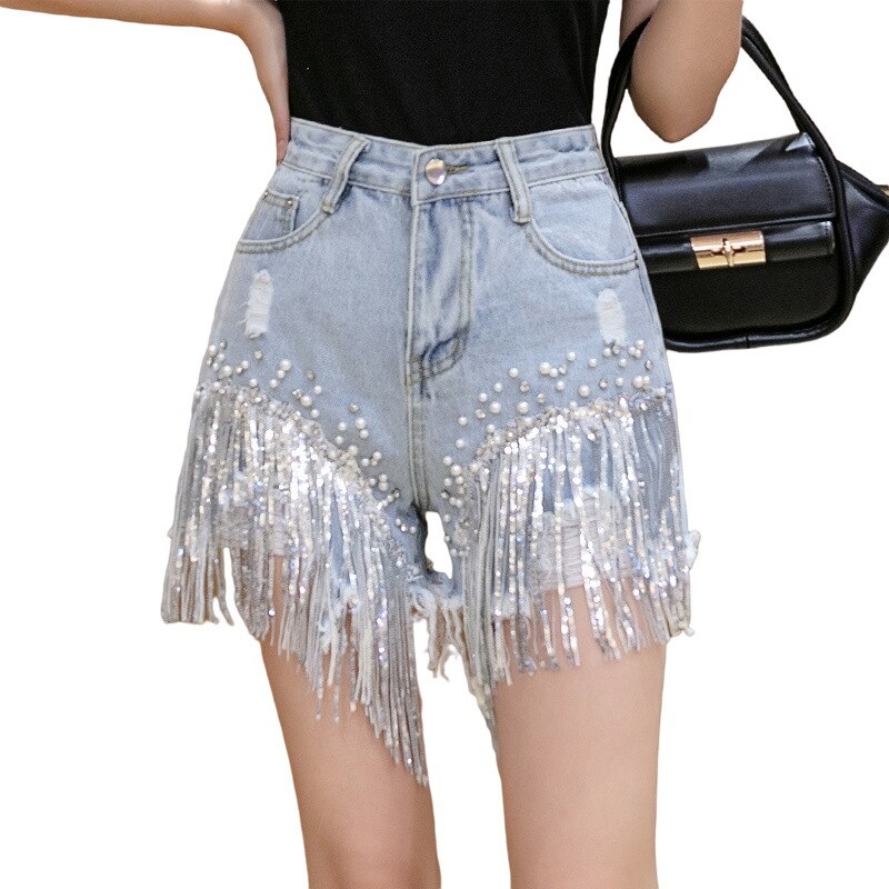 2022 Women Spring Summer New Elegant Shorts Lady Tassel Beading High Waist Wide Leg Denim Shorts Female Casual Solid Shorts