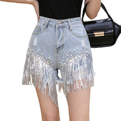 2022 Women Spring Summer New Elegant Shorts Lady Tassel Beading High Waist Wide Leg Denim Shorts Female Casual Solid Shorts