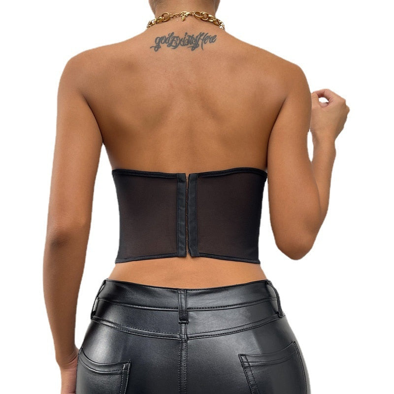 Yimunancy Strapless Crop Top Women Floral Backless Top 2022 Ladies Black Sexy Top Streetwear