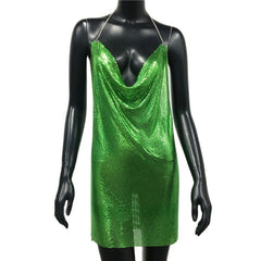 Backless Sequin Short Dress Metalic Split Mesh Low Cut Mini Dress