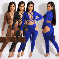 Sexy Bandage Two Piece Pant Sets Women Party Club Birthday Outfits Criss Cross Lace-up Crop Top and Cut Out Pants Matching Sets