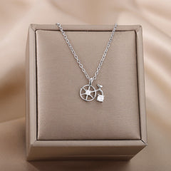 Goth Zircon Round Compass Necklace For Women Stainless Steel Gold Color North Star Pendants Necklaces Sailing Jewelry Gift