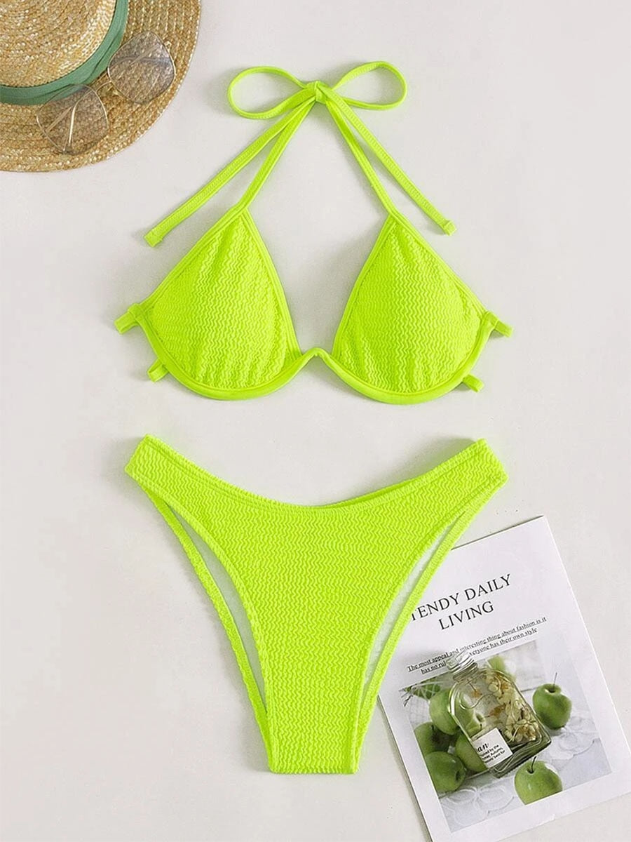 Plain Textured Underwired Swimsuit Two-piece V shape Wire Bikini
