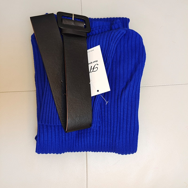 Knitted Bodycon Dress Bottoming Women Soft Elastic Turtleneck Sweater Autumn Winter Midi Party Dresses With Belt