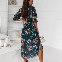 Women Dresses Sexy V Neck Retro Print Chiffon Maxi Dress Fashion Elastic Waist Side Splits Robe Elegant Long Sleeve Loose Dress