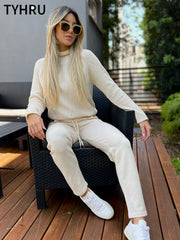 TYHRU Autumn Winter Women Sweater Tracksuit Leisure Hemp Flower Half-High Collar Pullover+Knitted Trousers Suits 2-piece Set