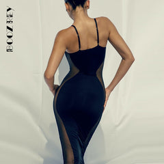 BoozRey Sexy Mesh See Through Midi Dress for Women Splice Spaghetti Strap Backless Hollow Dresses Solid Black Club Party Clothes