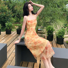 Women Midi Floral Halter Slip Dress Summer 2022 Vintage Painting Flowers Backless Casual Party Night Vacation Runway Vestidos